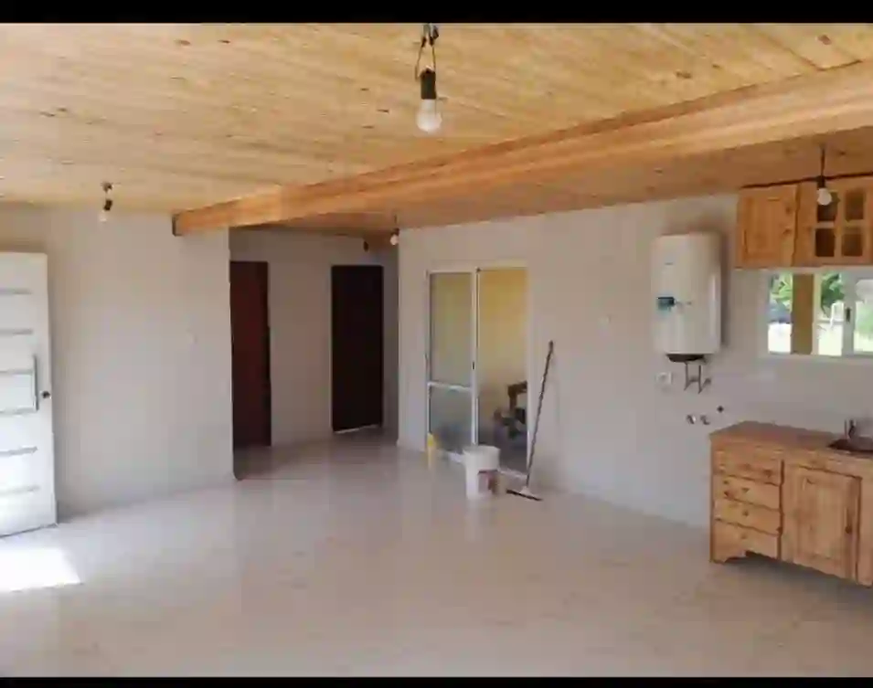 Living-comedor con techo de madera y cocina